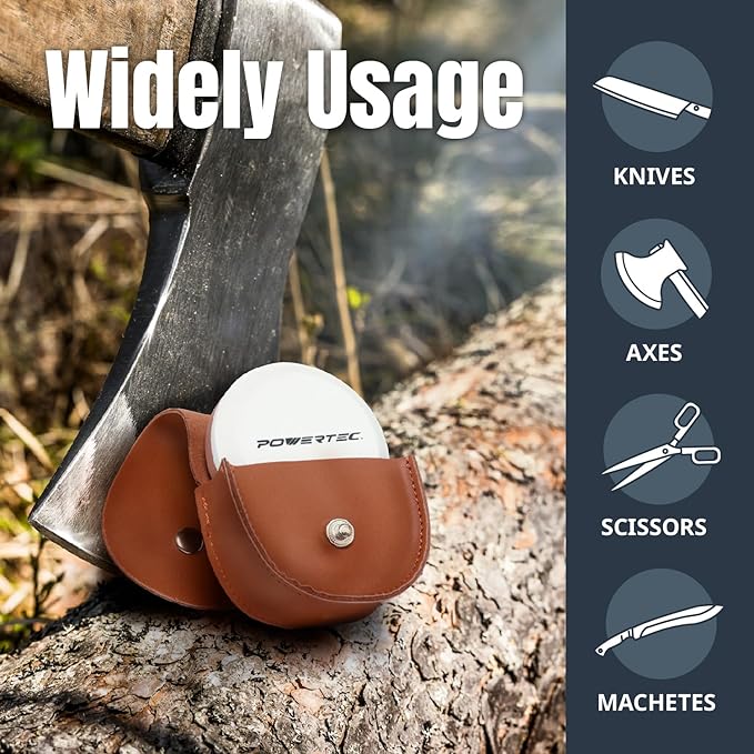 POWERTEC Axe & Hatchet Sharpening Stone, Dual Grit 180/320 Round Sharpening Puck, Multi-Purpose Axe Sharpener with Leather Pouch & Safety Gloves, Whetstone Sharpener Tool for Knife, AX, Sword (72125)