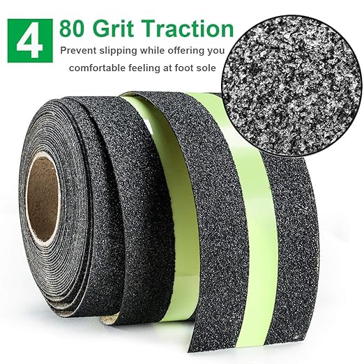 RELIANCER Anti Slip Safety Grip Tape 2inx30ft Green Glowing in The Dark Non Skid Stage Safety Tape High Traction Grit Stairs Tape Hazard Caution Warning Tape for Steps (2"횞30', Green&Black)