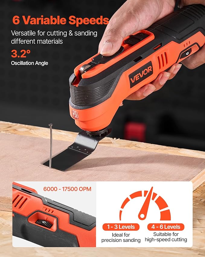 VEVOR Cordless Oscillating Tool, 12V Multitool Oscillating Saw Tool with 6 Variable Speeds 6000-17500 OPM, 3.2째 Oscillation Angle, 2.0Ah Battery Pack & Charger, 8PCS Saw Accessories & LED Work Light