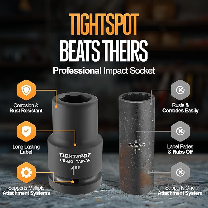 TIGHTSPOT 1" Drive Deep Impact Socket 1 Inch SAE Professional CR-MO Jumbo Socket 6 Point Built for Automotive Truck and Equipment Service