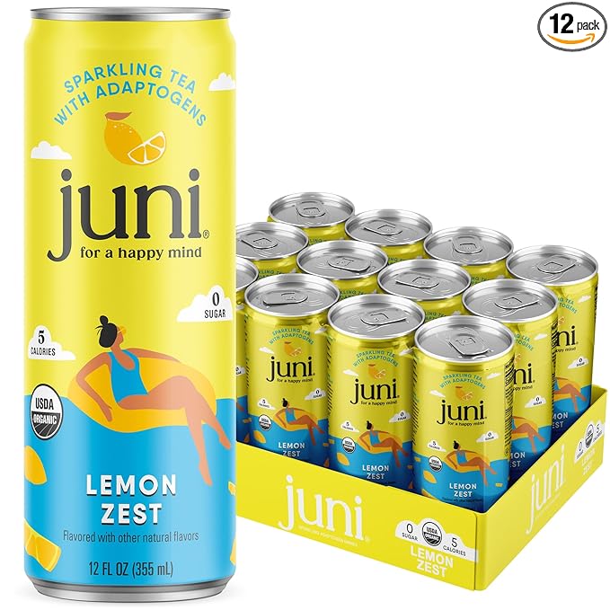 Juni Sparkling Adaptogen Drink with Ashwagandha, Lion?셲 Mane & Reishi Mushrooms, Green Tea for Focus, Zero Sugar, 5 Calories, Organic, Non Alcoholic Drinks - Lemon 12 pack