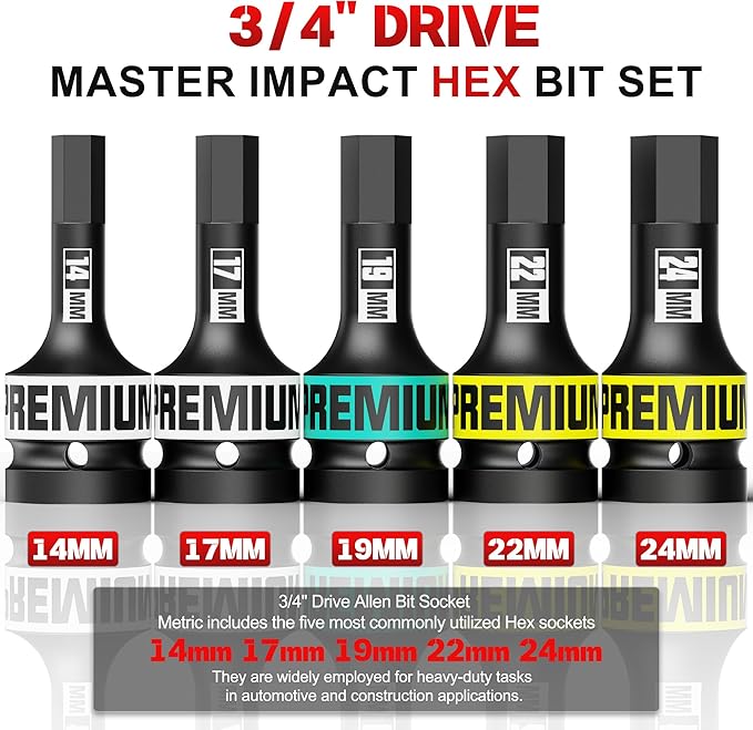 3/4" Drive Impact Hex Bit Set, 5 Piece Allen Bit Socket Set, 14-24mm, Metric, Cr-Mo Steel, Professional Mechanic Automotive Repair Socket Set