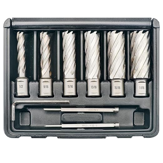 Pro Edge 6pcs Annular Cutter Set, 2" Cutting Depth, 1/2" to 1-1/16" Cutting Diameter, M2 Mag Drill Bits for Magnetic Drill Press with 2 Pilot Pin & 1 Hex Wrench, for Steel, Aluminum, Copper