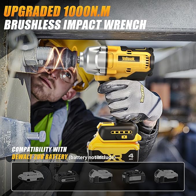 Cordless Impact Wrench 1/2 inch for Dewalt 20V Battery, 1000N.m Impact Driver High Torque Brushless Electric Impact Gun Includes LED Work Light for Car/Truck RV/Mower (NO Battery/Charger)