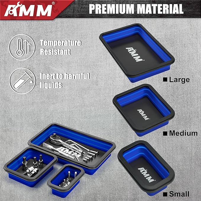 AMM Foldable Magnetic Parts Tray Set, 3 Different Size Magnetic Tool Trays for Bolts Screws Nuts & Small Metal Parts, Mechanic Tool Present for Men竊똁lue