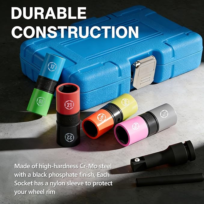 6 PCS 1/2 inch Drive Half Size Lug Nut Socket Set with Metric 17 19 21 22 mm, SAE 3/4" 13/16" 7/8" 15/16", Impact Flip Socket Set Non-Marring Thin Wall Double Ended Wheel Nut Socket Removal Kit