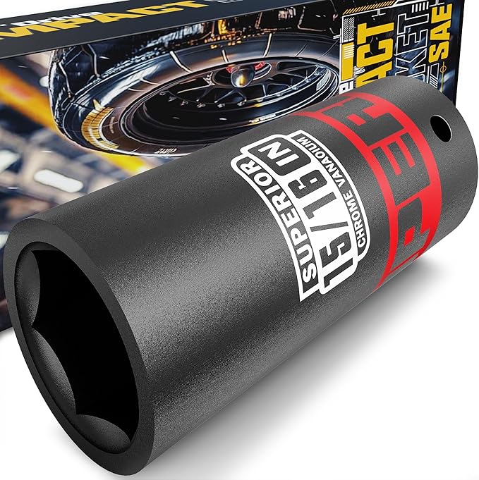 1/2" Drive Impact Socket, 15/16 inch Deep Socket, SAE, 6 Point, CR-V, for Car Repair, Loosen the Fastening Nut