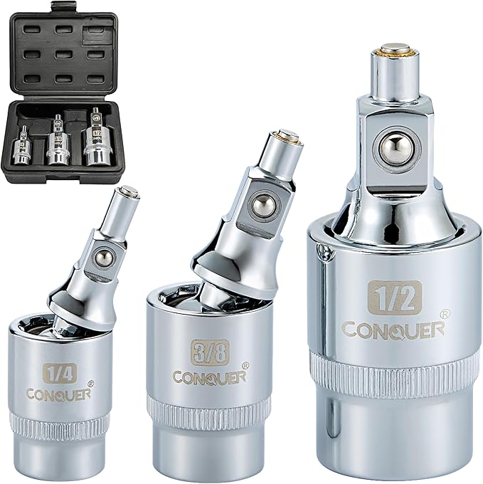 CONQUER Magnetic 2-Stage Universal Joint Socket Extension Set ??1/4", 3/8" & 1/2" Drive CR-MO Steel Adapters with Swivel & Fixed Positions, Magnetic Tip for Automotive, Mechanic & DIY Repairs