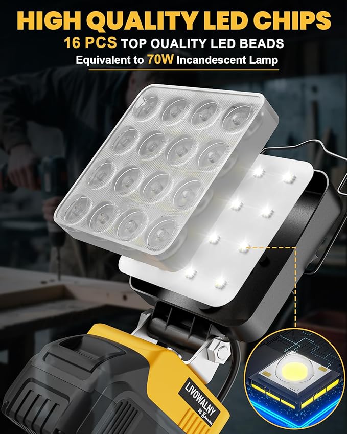 LIVOWALNY Cordless LED Work Light Compatible with Dewalt 20v Battery, 70W 7000LM Flashlight Portable LED Flood Battery Light with USB A & USB C Charging Output Port for Emergency Outdoors and Job Site