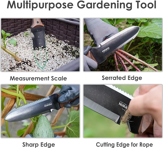 PERWIN Hori Hori Garden Knife, Garden Tools with Sheath for Weeding, Planting, Digging, 7" Stainless Steel Blade with Cutting Edge, Full-Tang Wood Handle with Hanging Hole