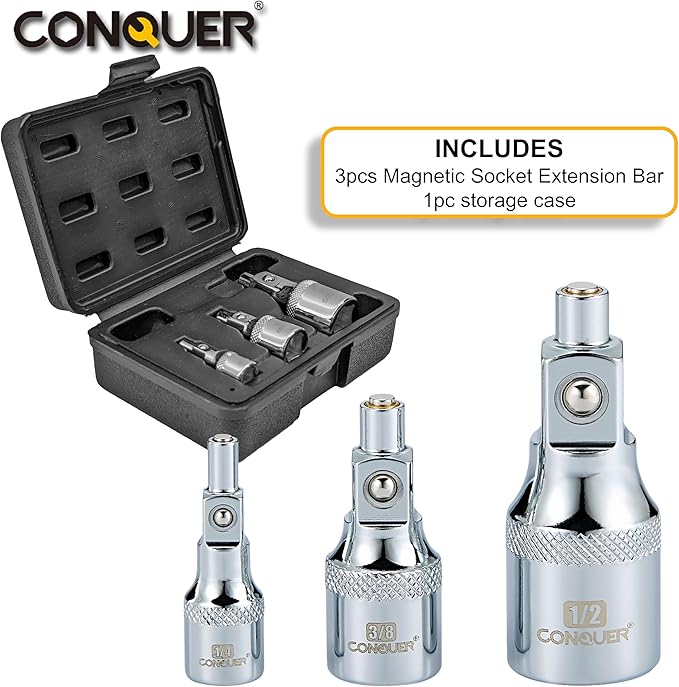 CONQUER No-Drop Magnetic Socket Extension Bars ??CR-V Steel 1/4", 3/8", 1/2" Drive Set for Tight Spaces & Engine Bay Repairs