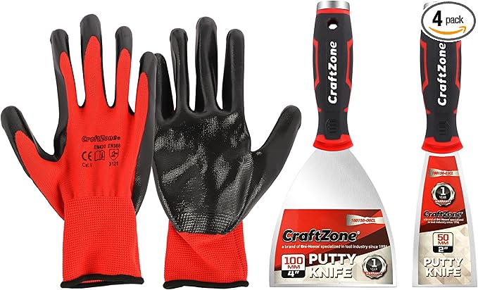 3 Piece Putty Knife & Gloves Set - 2" & 4" Stainless Steel Scraper Tool for Wall Repair Paint Scraper Art Auto & Kitchen Rustproof Durable with Non-Slip Grip DIY Contractors Renters (Gloves Included)