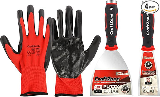 3 Piece Putty Knife & Gloves Set - 2" & 4" Stainless Steel Scraper Tool for Wall Repair Paint Scraper Art Auto & Kitchen Rustproof Durable with Non-Slip Grip DIY Contractors Renters (Gloves Included)