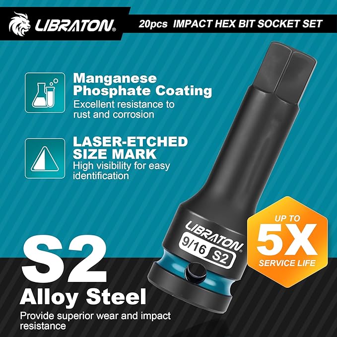 LIBRATON Impact Hex Bit Socket Set, 1/2" Dr, S2 Steel, Metric & SAE 20PCS (H5-H19 & 1/4"-3/4") High Torque Sockets for Professional Mechanics & Automotive Repair (XPE Storage Cases)