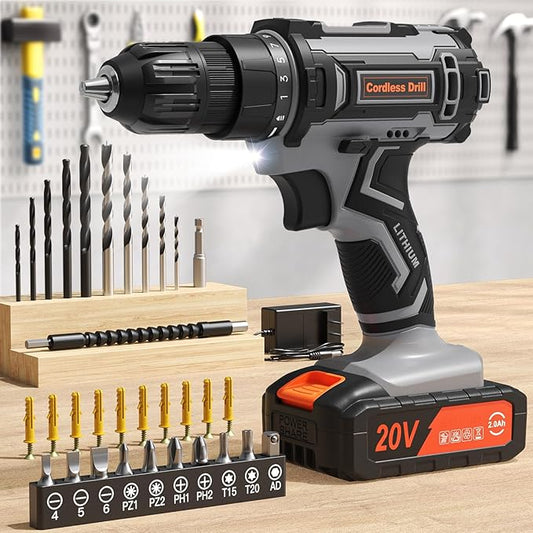 Cordless Drill Set, VIWKO 20V Power Drill with Power Pack 2.0Ah and Charger, 3/8-Inch Keyless Chuck Electric drill, 25+1 Position, 42pcs Drilldriver Bits/Screws for DIY Projects (Black Grey)