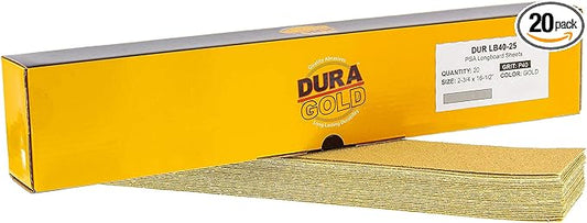 Dura-Gold Premium 40 Grit Gold Pre-Cut PSA Longboard Sandpaper Sheets, Box of 20, 2-3/4" x 16-1/2" Self-Adhesive Stickyback Sandpaper for Automotive, Woodworking Air File Sander, Hand Sanding Block
