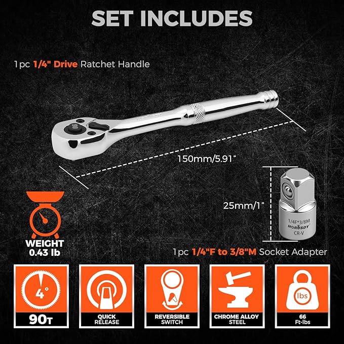 HORUSDY 1/4" Drive 90-Tooth Quick-Release Ratchet Handle with 1/4" to 3/8" Adapter, Reversible Thin Profile Socket Wrench, 4째 Swing Arc, Ergonomic Anti-Slip Grip, Ideal for Auto, Bike & Home Repair