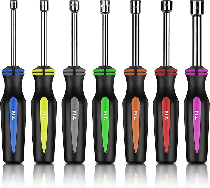 P.I.T. 7-Pieces SAE Nut Driver Set,Solid Shaft Nut Drivers (3/16, 1/4, 5/16, 11/32, 3/8, 7/16, 1/2 Inch) With Color Coded Nonslip Comfort TPR Hand Grips,Standard Sizes Hex Deep Nut Driver Set