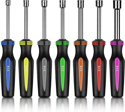 P.I.T. 7-Pieces SAE Nut Driver Set,Solid Shaft Nut Drivers (3/16, 1/4, 5/16, 11/32, 3/8, 7/16, 1/2 Inch) With Color Coded Nonslip Comfort TPR Hand Grips,Standard Sizes Hex Deep Nut Driver Set