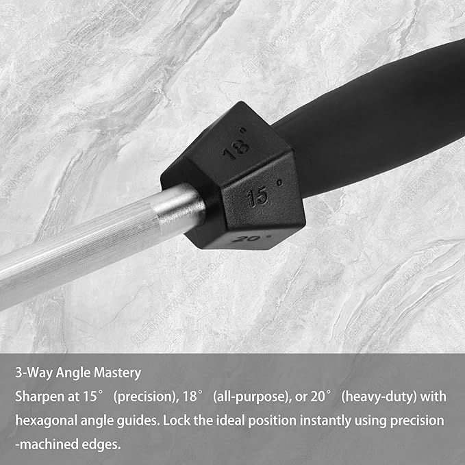 Knife Sharpener Knife Sharpening Rod Honing Steel with 15째-18째-20째Angle Guides Professional Carbon Steel with Black Rubber Grip for Kitchen Chef House Gift 10''