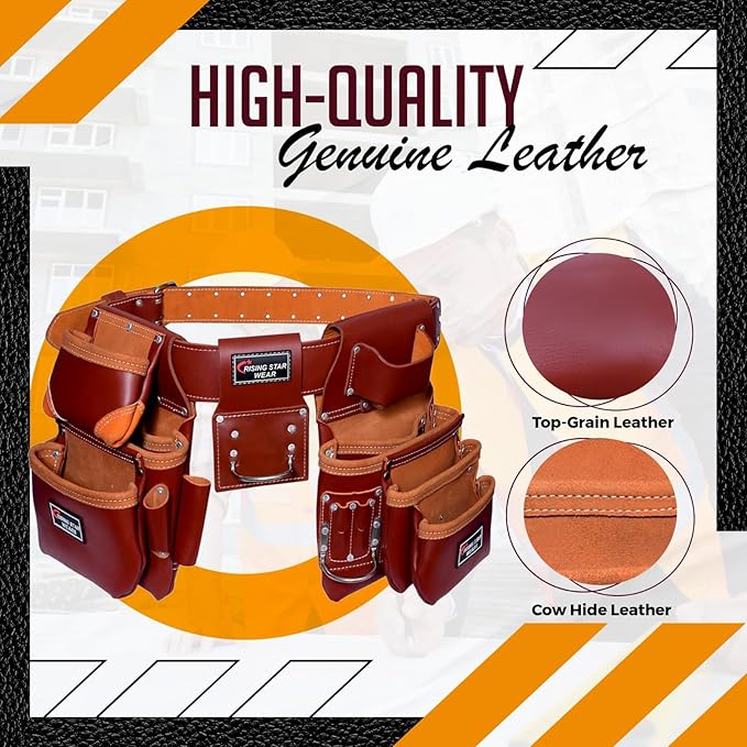 RISING STAR WEARS PURE OIL TANNED LEATHER TOOL BELT POUCH PERFECT FOR CARPENTERS, PLUMBERS, ELECTRICIANS, GARDENERS AND CONSTRUCTION WORKERS MULTIPURPOSE 18 POCKETS POUCH WITH FRAMING TOOL BAGS