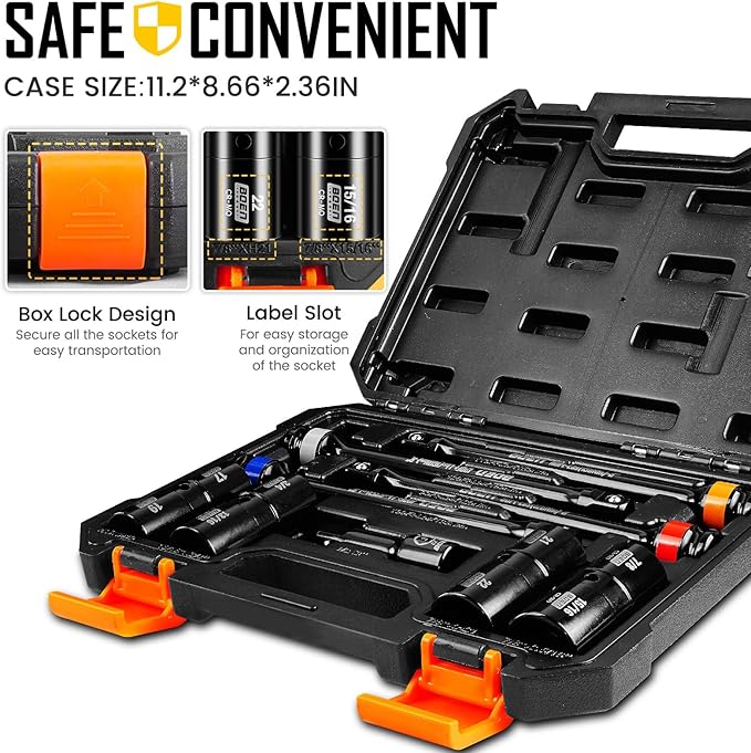 boen 9PCS 1/2" Drive Impact Flip Lug Nut Socket And Torque Limiting Extension Bar Set, 8" Long Impact Torque Sticks, Metric & SAE Double-Sided Sockets, 3" Extension Bar & Storage Case