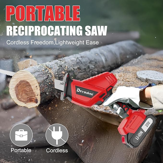 Cordless Reciprocating Saw 20V 2.0Ah Battery Powered, 0-3500SPM Electric Sawzall with 4 Blades, Variable Speed, Tool-Free Blade Change, Lightweight Wood Metal Cutting Saw for Home, Garden, Pruning