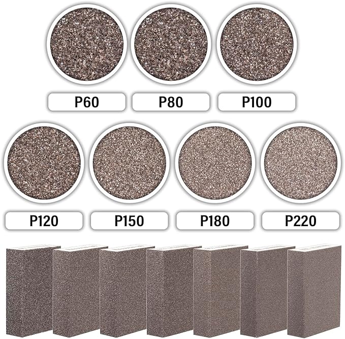 Sanding Sponge 60 80 100 120 150 180 220 Grit Reusable and Washable Wet Dry Sand Block Coarse Medium Fine Sandpaper Blocks for Wood Drywall Metal Crafts (Pack of 7 Pcs)