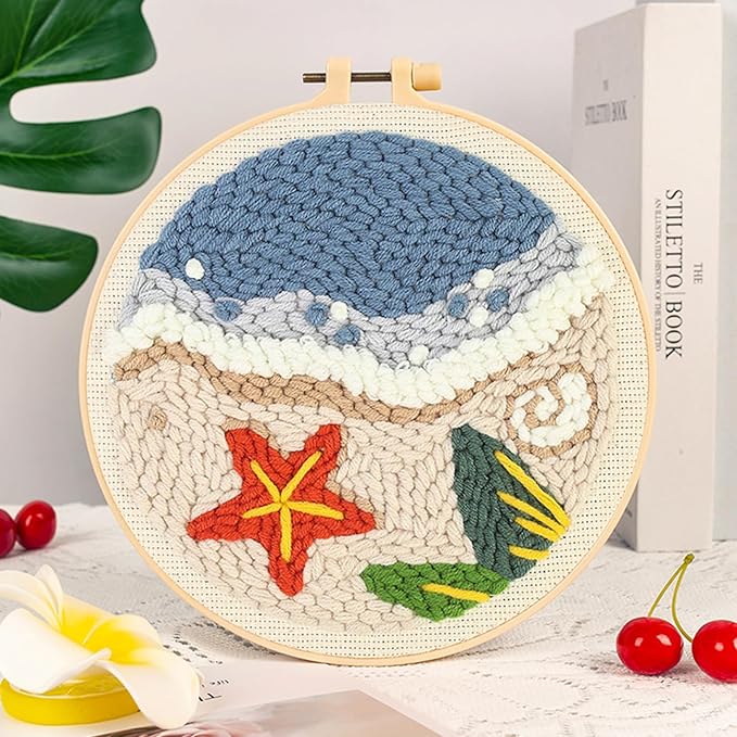 Woohome Punch Needle Kit Included Plastic Hoops, Punch Needle Cloth, Color Yarn and Punch Needle Tools for Adults, Beginners (Beach, Hut, Sunset)