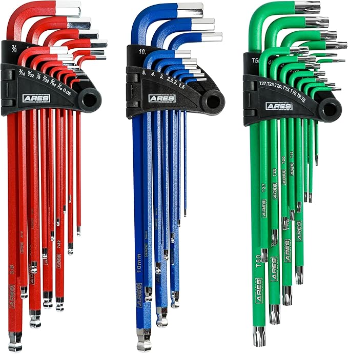 ARES 44035 ??35-Piece Long Arm Hex and Star Key Set ??Allen Wrench Set - SAE, Metric, and Torx Key Wrench Sizes - Chrome Finish with High Visibility Anti-Slip Coating - Storage Holders Included