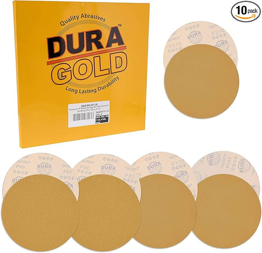 Dura-Gold Premium 9" Drywall Sanding Discs Variety Pack Box - 60, 80, 120, 180, 240 Grit (2 Discs Each, 10 Total) - Sandpaper Discs with Hook & Loop Backing, Fast Cutting For Drywall Power Sander Wood