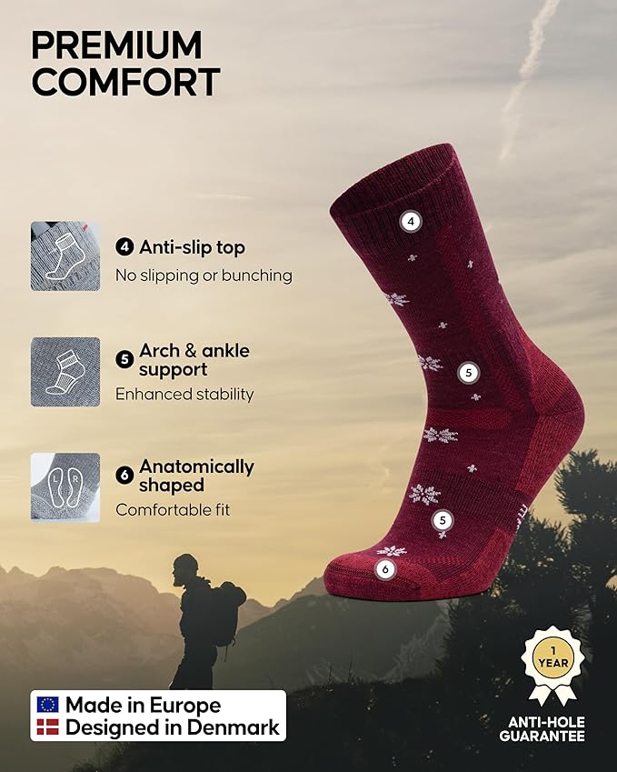DANISH ENDURANCE Merino Wool Hiking Crew Socks for Men & Women, Cushioned Anti-Blister, Breathable - 3 Pairs
