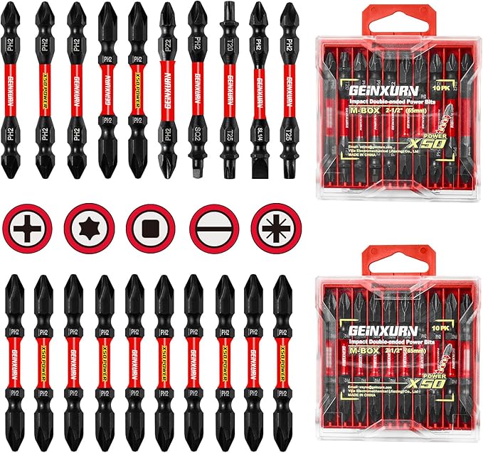 20Pcs Impact Double End Screwdriver Bit Set, 2.56 in. Mixed Reversible Power Driver Bits, Magnetic S2 Steel Two Sides PH2/T20/T25/SQ2/SL1/4 Screwdriver Bit Tips Set with Storage M-Box