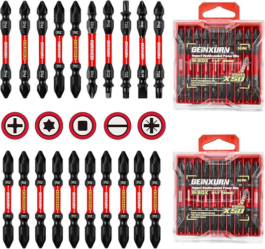 20Pcs Impact Double End Screwdriver Bit Set, 2.56 in. Mixed Reversible Power Driver Bits, Magnetic S2 Steel Two Sides PH2/T20/T25/SQ2/SL1/4 Screwdriver Bit Tips Set with Storage M-Box