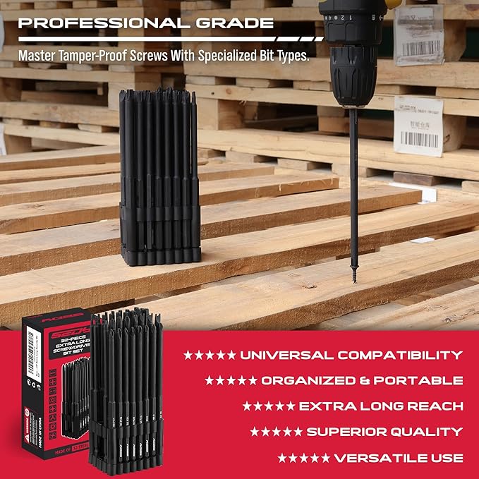 Extra Long Security Bit Set: 32-Piece S2 Steel Screwdriver Drill Bits for Tamper-Proof Screws, 6" Torx, PoziDriv, Spanner, Tri-Wing - Universal 1/4" Hex Shank for Electric, Impact Drills