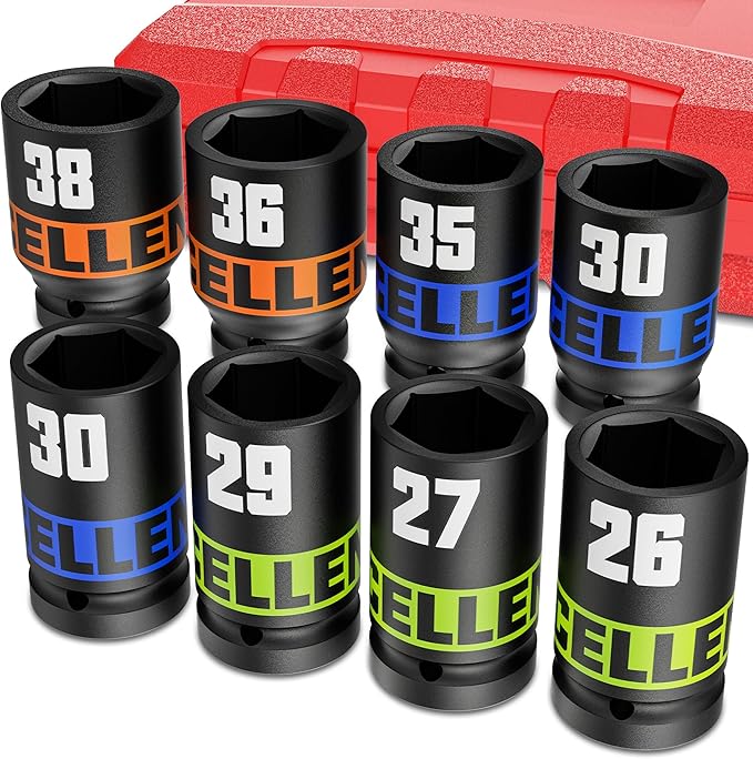 8 Piece 3/4-Inch Drive Impact Socket Set, 26-38mm Jumbo Sockets, Metric Alxe Nut Sockets for Automotive Repair, Equipment Maintenance