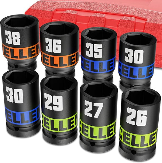 8 Piece 3/4-Inch Drive Impact Socket Set, 26-38mm Jumbo Sockets, Metric Alxe Nut Sockets for Automotive Repair, Equipment Maintenance
