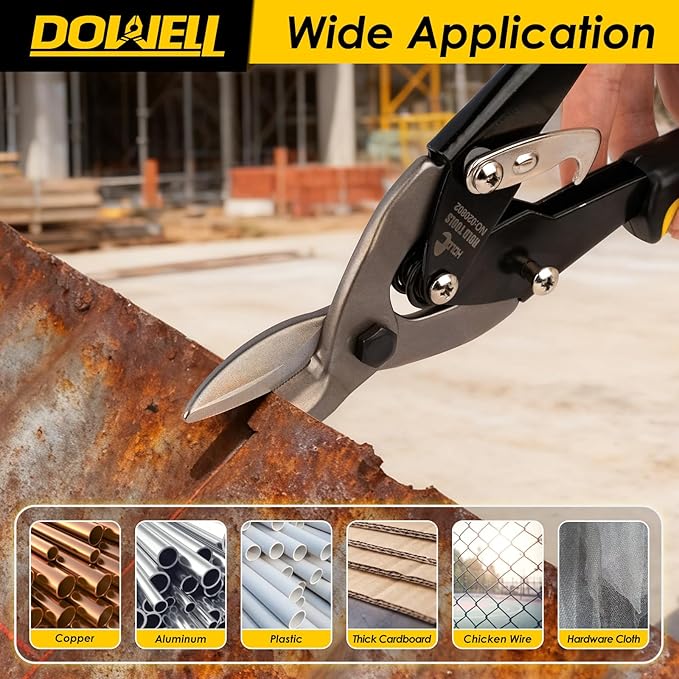 DOWELL 10 Inch Aviation Tin Snips Left, Heavy Duty Cut Metal Shears for Sheet Metal, Chrome Vanadium Steel Blade, Ideal for DIY Enthusiasts, Handymen and Industrial Repairs