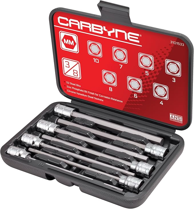 CARBYNE 7-Piece Metric Extra Long Hex (Allen) Bit Socket Set, 3mm to 10mm Sizes, 3/8 in. Drive, S2 Steel Bits, CrV Sockets ??From a Family-Run Tool Company Based in the U.S.A.