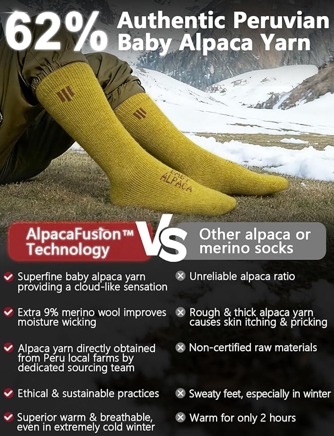Alpaca Wool Boot Socks Men and Women, Heavyweight Thick Thermal Socks Cold Weather Hunting Hiking, Moisture Wicking