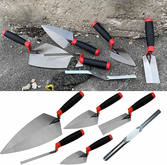 6 Pack Masonry Hand Tool Set, Concrete Tool Set Includes 1 PC Brick Trowel, 2 PCS Pointing Trowels, 1 PC Margin Trowel, 1 PC Tuck Pointing Trowels, 1 PC 5/8??x 1/2??Convex Brick Jointer