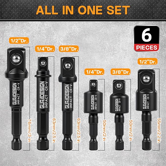 Impact Socket Adapter Set, 6-Piece 3" Extension Bit With Holder, 1/4", 3/8", and 1/2" impact socket adapter & Universal Joints drill socket adapter