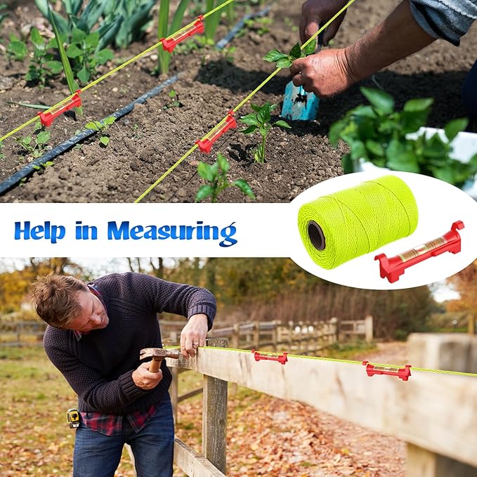 2 Pack #18 500 ft Mason Line String & 10 Pack Built-in Levels, String Level Line Kit for DIY, Gardening Work, Construction Twine Outdoor Projects Layout Brick Working(Fluorescent Yellow)
