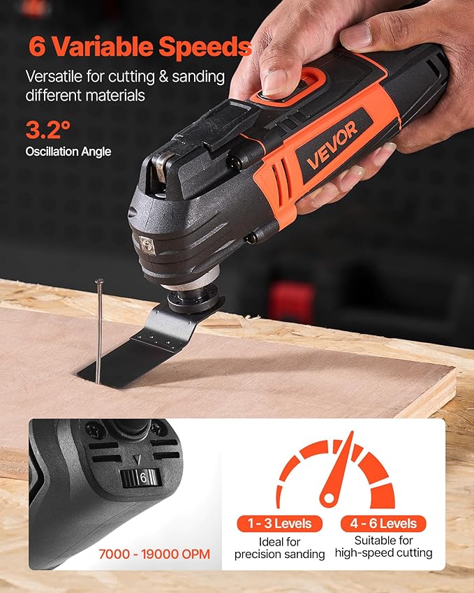 VEVOR Oscillating Tool Multitool, 4Amps Electric Oscillating Multi Tool Corded with 6 Variable Speeds 7000-19000 OPM, 3.2째 Oscillating Angle, 13PCS Saw Accessories, LED Work Light & Tool Bag
