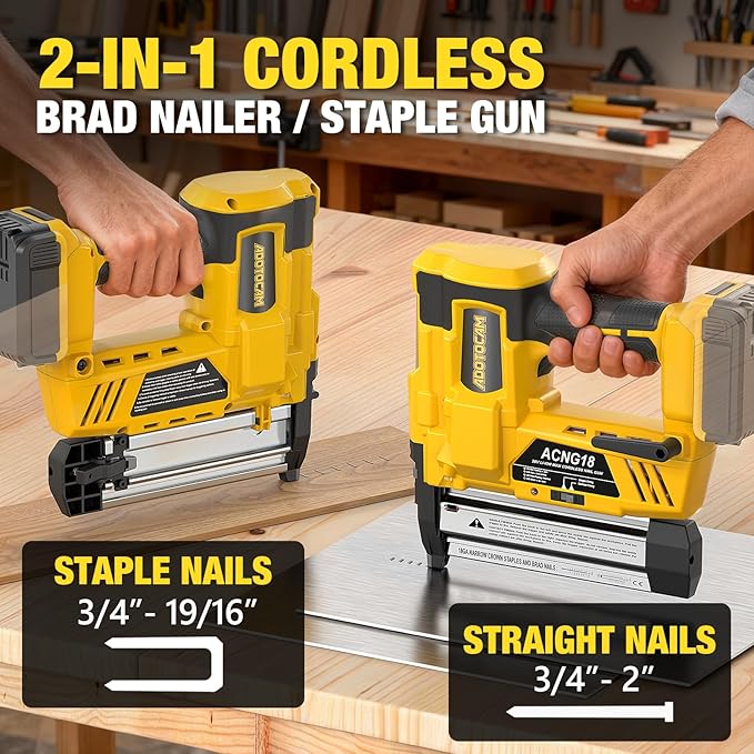 Cordless 2" Brad Nailer Compatible with DeWalt 20V Battery(No Battery), 2 in 1 Electric Nail Gun/Staple Gun,18GA Nail Gun Battery Powered with 1000 Nails/Staples for Woodworking & Home Improvement