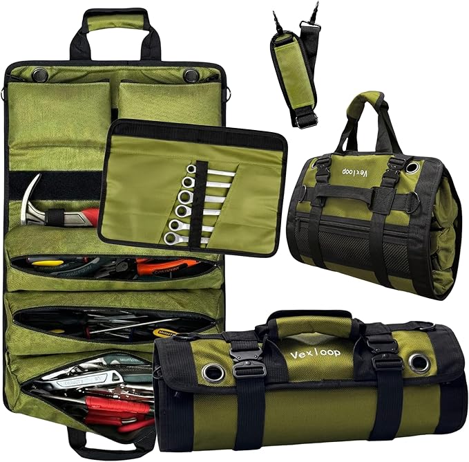 Tool Roll Bag Organizer Aluminium Buckle Heavy Duty | 1680D Oxford Mechanic Wrench Pouch for Truck & Car | Overland Gear Storage for Truck & Jeep | Roll Up Tool Bag Organizer (Green color)
