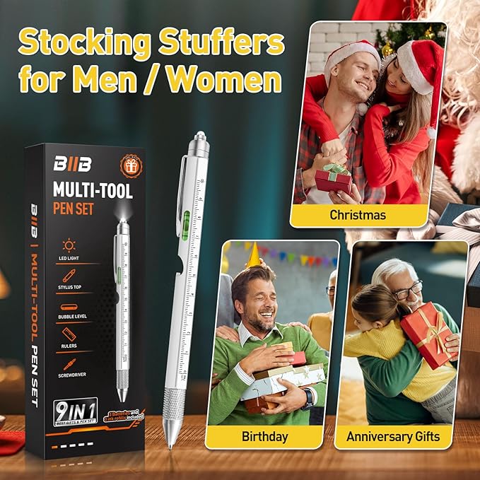 BIIB Gifts for Men 9 in 1 Multitool Pen, Stocking Stuffers for Men Teens Him, Mens Christmas Gifts for Him Dad Husband Grandpa, White Elephant Gifts for Adults, Dad Gifts Gadgets