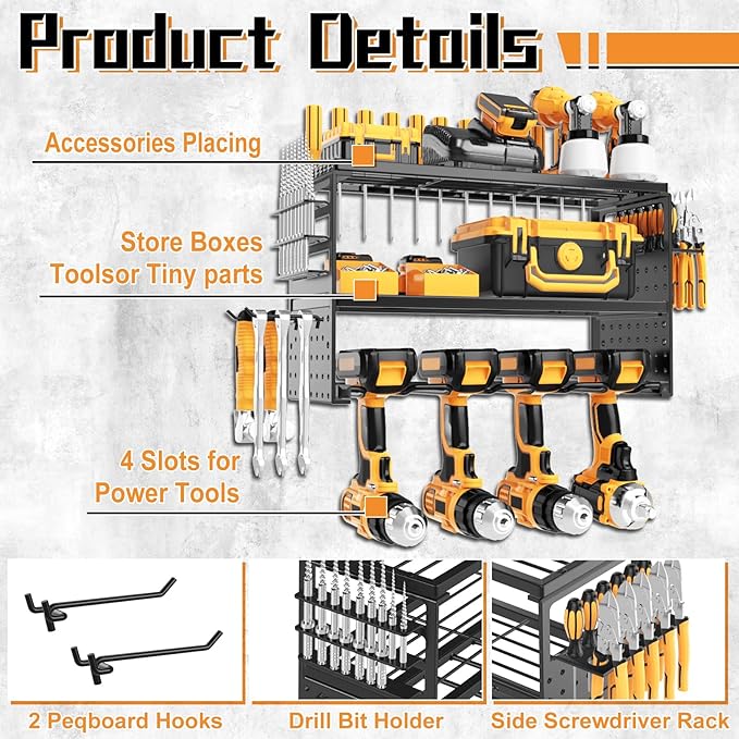 Power Tool Organizer Wall Mount, Heavy Duty 150Lbs Load Capacity with 4 Drill Holders,3 Layer Utility Shelf for Garage Storage and Workshop Organization(Black)