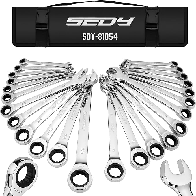 Premium 24-Piece Ratcheting Wrench Set, SAE & Metric Combination Wrenches, 8-19mm / 1/4"-7/8", 72-Tooth Ratchet Spanners, Chrome Vanadium Steel with Roll-Up Pouch for Mechanics