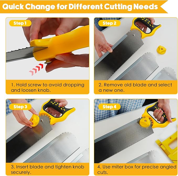 4PCS Miter Box and Saw Set, 4.13 × 12-Inch Extra-Wide Mitre Box with 3 Mitre Saws for Heavy-Duty Tasks, Miter Box with Saw Included for Precise Miter and Bevel Cuts Woodworking DIY Crafting